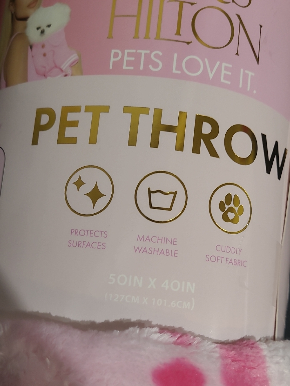 Paris Hilton Pink Plush Bow Paw Print Pet Blanket- 50x40in - Picture 3 of 6